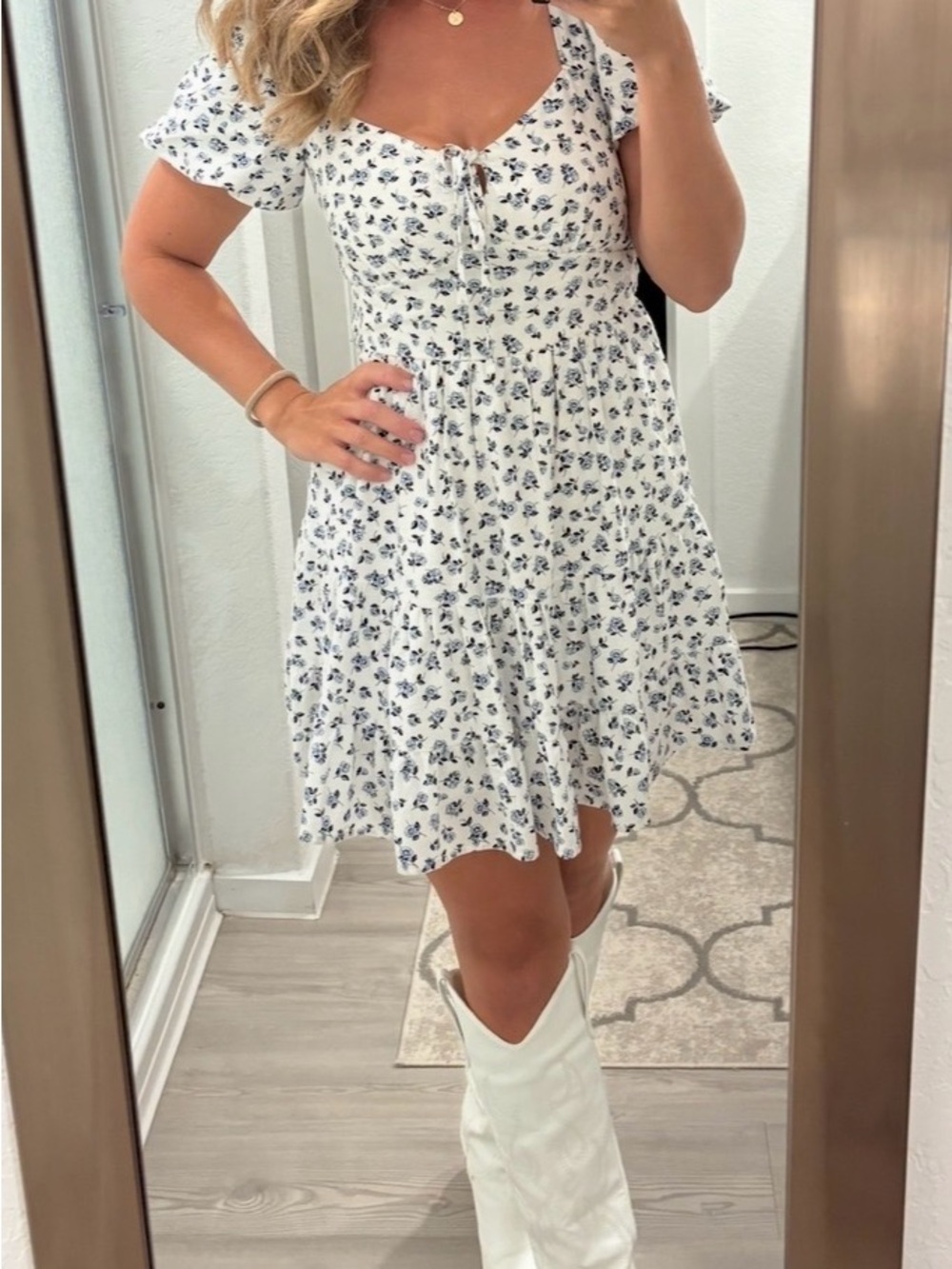 Francesca's Collections White Mini Dress with Navy Floral Print